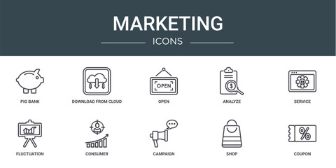 set of 10 outline web marketing icons such as pig bank, download from cloud, open, analyze, service, fluctuation, consumer vector icons for report, presentation, diagram, web design, mobile app
