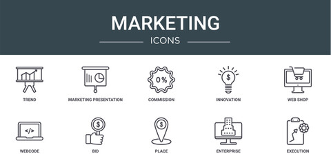 set of 10 outline web marketing icons such as trend, marketing presentation, commission, innovation, web shop, webcode, bid vector icons for report, presentation, diagram, web design, mobile app