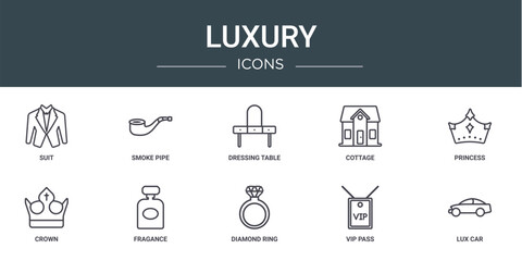 Fototapeta na wymiar set of 10 outline web luxury icons such as suit, smoke pipe, dressing table, cottage, princess, crown, fragance vector icons for report, presentation, diagram, web design, mobile app