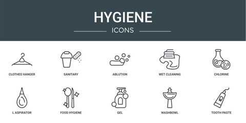 set of 10 outline web hygiene icons such as clothes hanger, sanitary, ablution, wet cleaning, chlorine, l aspirator, food hygiene vector icons for report, presentation, diagram, web design, mobile