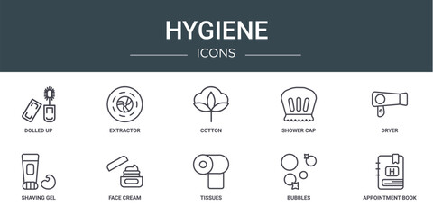 set of 10 outline web hygiene icons such as dolled up, extractor, cotton, shower cap, dryer, shaving gel, face cream vector icons for report, presentation, diagram, web design, mobile app - obrazy, fototapety, plakaty