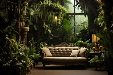 tropical garden with palms and sofa