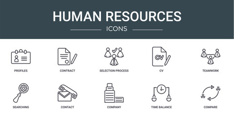 set of 10 outline web human resources icons such as profiles, contract, selection process, cv, teamwork, searching, contact vector icons for report, presentation, diagram, web design, mobile app