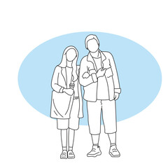 Fototapeta na wymiar lover couple arm in arm standing together illustration vector hand drawn isolated on blue and white background