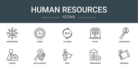 set of 10 outline web human resources icons such as networking, timing, 12 hours, office, candidates, career, due diligence vector icons for report, presentation, diagram, web design, mobile app