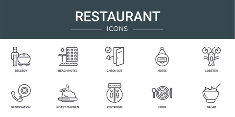 Fototapeta na wymiar set of 10 outline web restaurant icons such as bellboy, beach hotel, check out, hotel, lobster, reservation, roast chicken vector icons for report, presentation, diagram, web design, mobile app