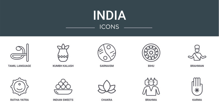 set of 10 outline web india icons such as tamil language, kumbh kalash, sarnaism, bihu, brahman, ratha-yatra, indian sweets vector icons for report, presentation, diagram, web design, mobile app