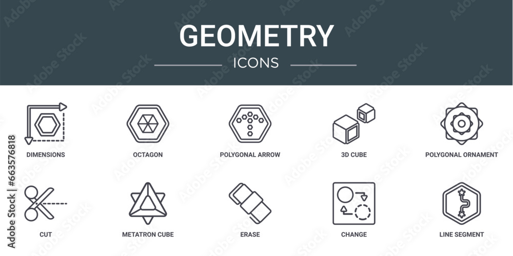 Poster set of 10 outline web geometry icons such as dimensions, octagon, polygonal arrow up, 3d cube, polyg