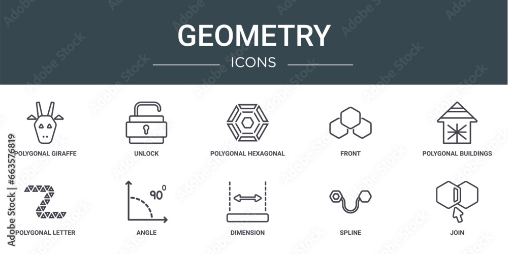 Poster set of 10 outline web geometry icons such as polygonal giraffe, unlock, polygonal hexagonal, front, 