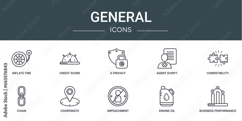 Poster set of 10 outline web general icons such as inflate tire, credit score, e-privacy, agent script, com