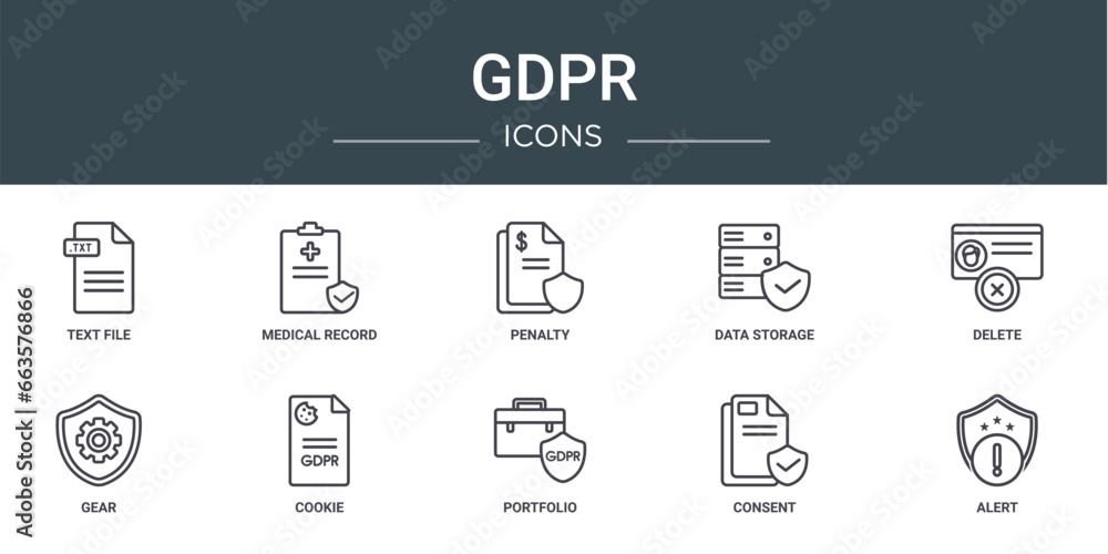 Wall mural set of 10 outline web gdpr icons such as text file, medical record, penalty, data storage, delete, g