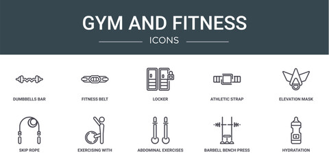 set of 10 outline web gym and fitness icons such as dumbbells bar, fitness belt, locker, athletic strap, elevation mask, skip rope, exercising with gymnastic ball vector icons for report, - obrazy, fototapety, plakaty