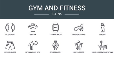 Fototapeta na wymiar set of 10 outline web gym and fitness icons such as pilates ball, protein, training watch, fitness nutrition, isotonic, fitness shorts, lifting weight with right arm vector icons for report,