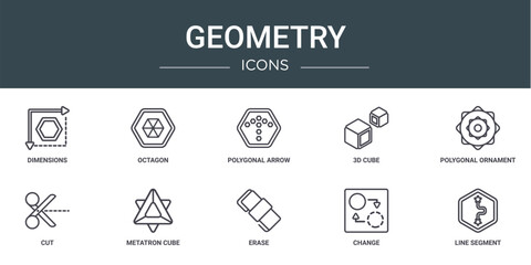 set of 10 outline web geometry icons such as dimensions, octagon, polygonal arrow up, 3d cube, polygonal ornament of hexagons and triangles, cut, metatron cube vector icons for report, presentation,