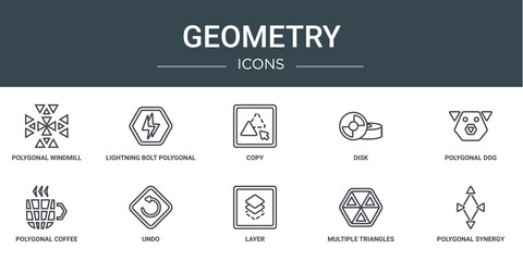 set of 10 outline web geometry icons such as polygonal windmill, lightning bolt polygonal, copy, disk, polygonal dog, coffee cup, undo vector icons for report, presentation, diagram, web design,