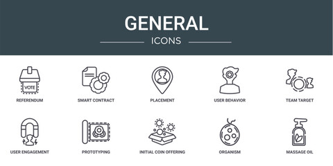 set of 10 outline web general icons such as referendum, smart contract, placement, user behavior, team target, user engagement, prototyping vector icons for report, presentation, diagram, web