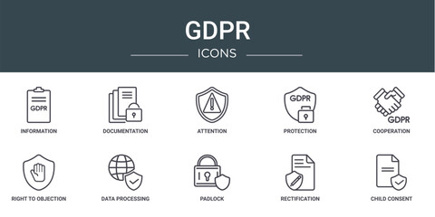 set of 10 outline web gdpr icons such as information, documentation, attention, protection, cooperation, right to objection, data processing vector icons for report, presentation, diagram, web - obrazy, fototapety, plakaty