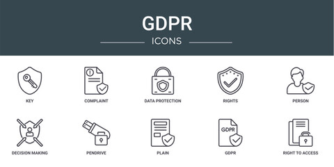 Fototapeta na wymiar set of 10 outline web gdpr icons such as key, complaint, data protection, rights, person, decision making, pendrive vector icons for report, presentation, diagram, web design, mobile app