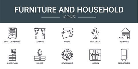 Fototapeta premium set of 10 outline web furniture and household icons such as chest of drawers, curtains, linens, desk chair, pet house, night stand, mirror vector icons for report, presentation, diagram, web design,