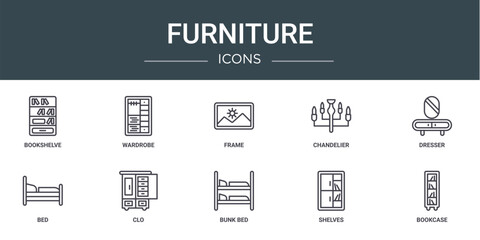 set of 10 outline web furniture icons such as bookshelve, wardrobe, frame, chandelier, dresser, bed, clo vector icons for report, presentation, diagram, web design, mobile app
