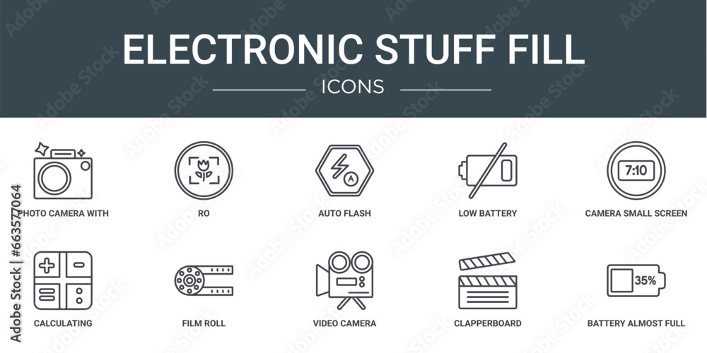 Poster set of 10 outline web electronic stuff fill icons such as photo camera with flash, ro, auto flash, l
