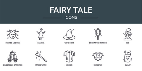 set of 10 outline web fairy tale icons such as female medusa, damsel, witch hat, enchanted mirror, elf, cinderella carriage, magic wand vector icons for report, presentation, diagram, web design,