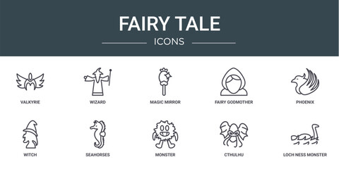 set of 10 outline web fairy tale icons such as valkyrie, wizard, magic mirror, fairy godmother, phoenix, witch, seahorses vector icons for report, presentation, diagram, web design, mobile app