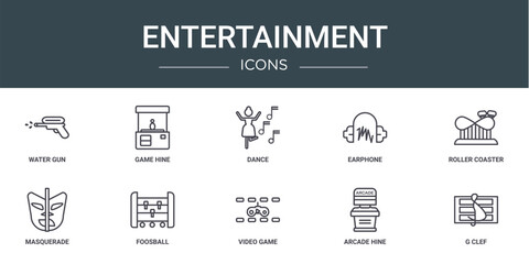 set of 10 outline web entertainment icons such as water gun, game hine, dance, earphone, roller coaster, masquerade, foosball vector icons for report, presentation, diagram, web design, mobile app