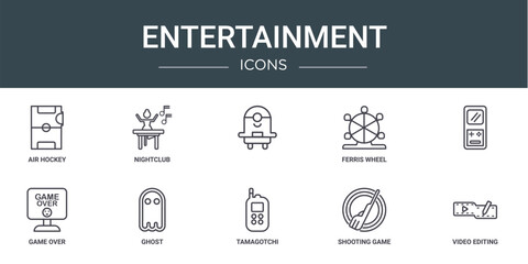 Fototapeta premium set of 10 outline web entertainment icons such as air hockey, nightclub, , ferris wheel, game over, ghost vector icons for report, presentation, diagram, web design, mobile