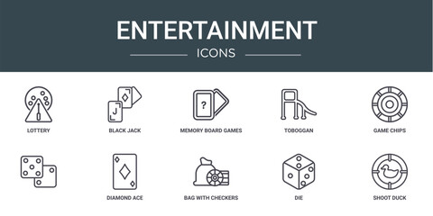 set of 10 outline web entertainment icons such as lottery, black jack, memory board games, toboggan, game chips, , diamond ace vector icons for report, presentation, diagram, web design, mobile app