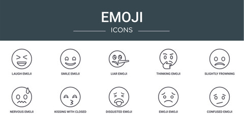 set of 10 outline web emoji icons such as laugh emoji, smile emoji, liar thinking slightly frowning nervous kissing with closed eyes vector icons for report, presentation, diagram, web design,