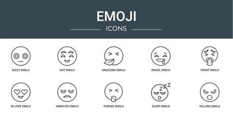 set of 10 outline web emoji icons such as dizzy emoji, shy emoji, sneezing drool vomit in love annoyed vector icons for report, presentation, diagram, web design, mobile app