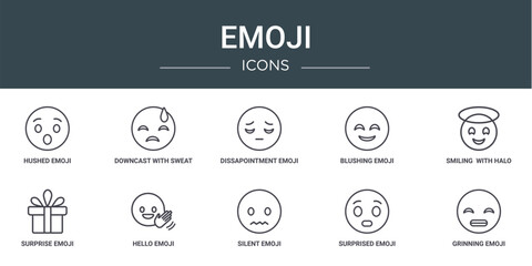 set of 10 outline web emoji icons such as hushed emoji, downcast with sweat emoji, dissapointment blushing smiling with halo surprise hello vector icons for report, presentation, diagram, web
