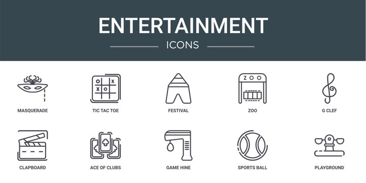 set of 10 outline web entertainment icons such as masquerade, tic tac toe, festival, zoo, g clef, clapboard, ace of clubs vector icons for report, presentation, diagram, web design, mobile app