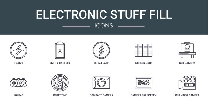 set of 10 outline web electronic stuff fill icons such as flash, empty battery, blitz flash, screen grid, old camera, joypad, objective vector icons for report, presentation, diagram, web design,