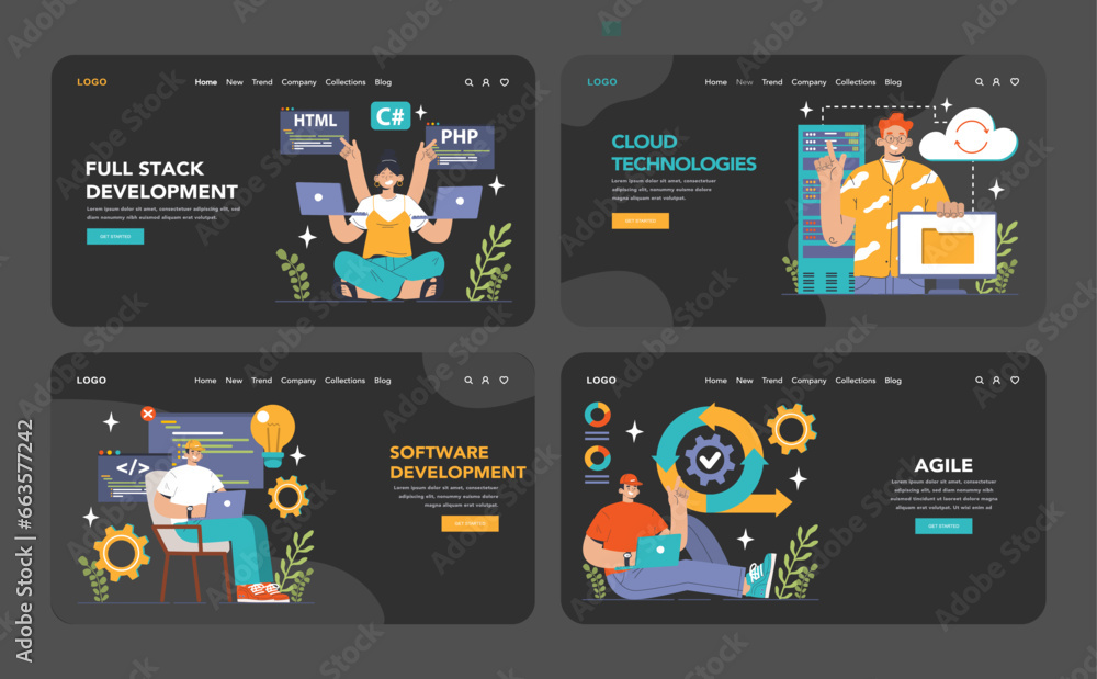 Sticker software development web banner or landing page dark or night mode