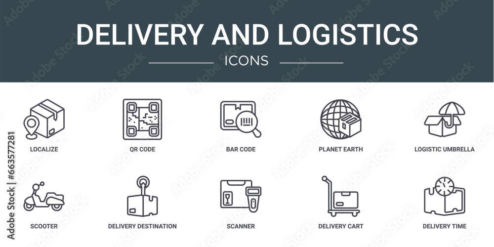 Poster set of 10 outline web delivery and logistics icons such as localize, qr code, bar code, planet earth