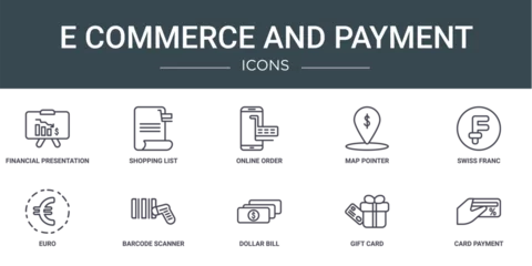 Fotobehang set of 10 outline web e commerce and payment icons such as financial presentation, shopping list, online order, map pointer, swiss franc, euro, barcode scanner vector icons for report, presentation, © Digital Bazaar