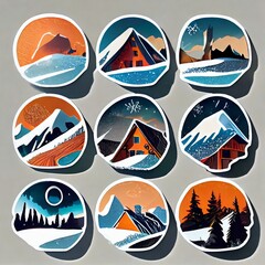 Plancha de stickers para pegar en mates o termos viajeros. Ilustracion de paisajes con montañas y nieve.