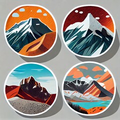 Plancha de stickers para pegar en mates o termos viajeros. Ilustracion de paisajes con montañas rocosas