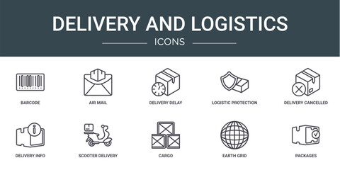 set of 10 outline web delivery and logistics icons such as barcode, air mail, delivery delay, logistic protection, delivery cancelled, info, scooter vector icons for report, presentation, diagram,
