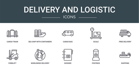 set of 10 outline web delivery and logistic icons such as cargo train, sea ship with containers, cargo bus, scale, free delivery, forklift, worldwide delivery vector icons for report, presentation,