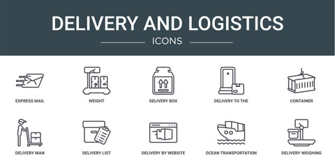 set of 10 outline web delivery and logistics icons such as express mail, weight, delivery box, delivery to the door, container, man, list vector icons for report, presentation, diagram, web design,