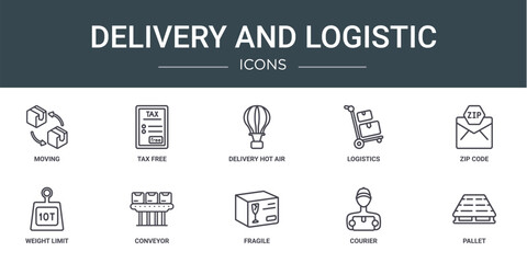 set of 10 outline web delivery and logistic icons such as moving, tax free, delivery hot air balloon, logistics, zip code, weight limit, conveyor vector icons for report, presentation, diagram, web