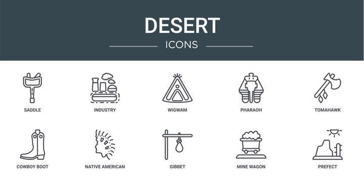 set of 10 outline web desert icons such as saddle, industry, wigwam, pharaoh, tomahawk, cowboy boot, native american vector icons for report, presentation, diagram, web design, mobile app