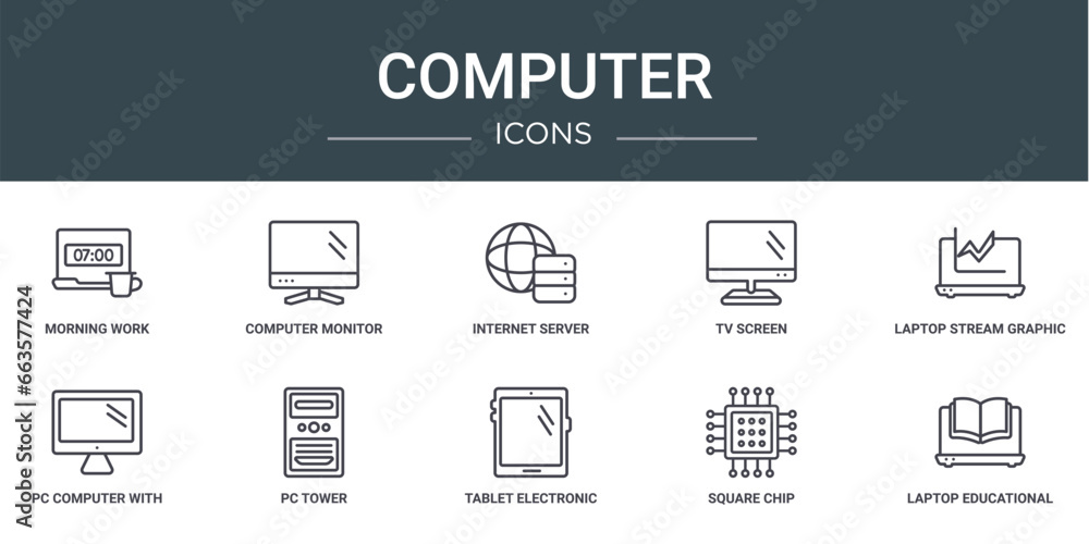 Poster set of 10 outline web computer icons such as morning work, computer monitor, internet server, tv scr