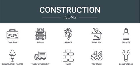 set of 10 outline web construction icons such as tool bag, big clo, grinder, home key, scraper, construction palette, truck with freight vector icons for report, presentation, diagram, web design,