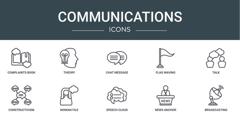set of 10 outline web communications icons such as complaints book, theory, chat message, flag waving, talk, constructivism, woman file vector icons for report, presentation, diagram, web design,