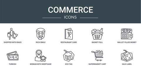Fototapeta premium set of 10 outline web commerce icons such as shopper with bags, rich smile, restaurant card, basket full, wallet filled money tool, turkish, woman with mortgage vector icons for report,