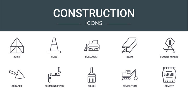 set of 10 outline web construction icons such as joist, cone, bulldozer, beam, cement mixers, scraper, plumbing pipes vector icons for report, presentation, diagram, web design, mobile app